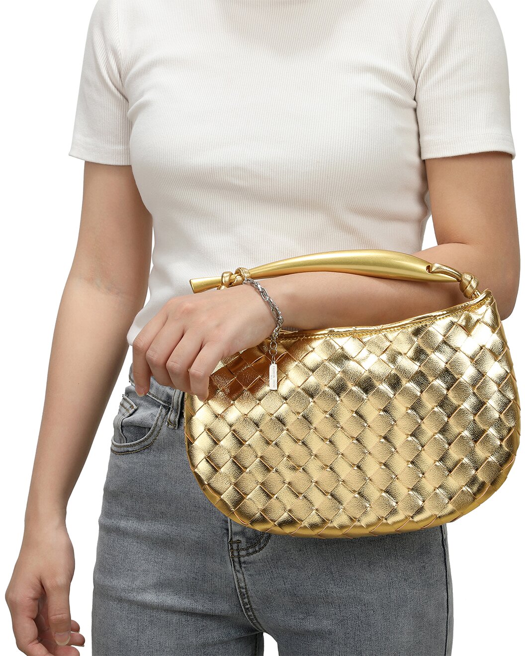 Woven Leather Top Handle Clutch
