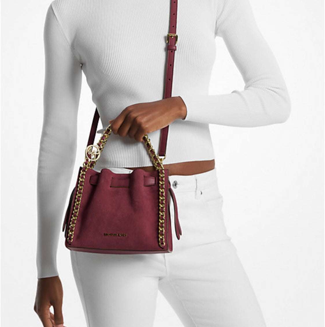 Mina Small Suede Logo Chain Crossbody Bag