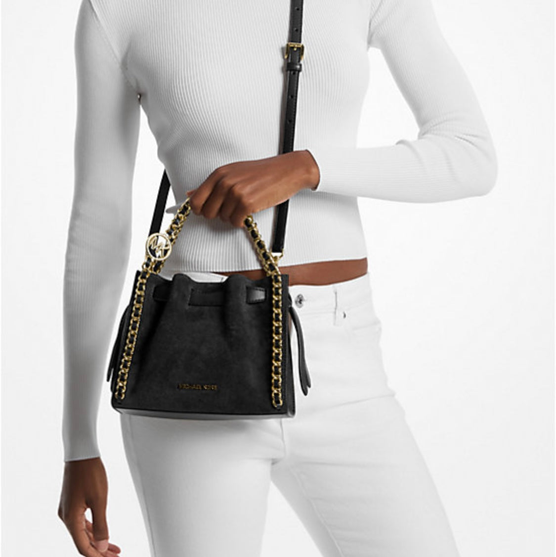 Mina Small Suede Logo Chain Crossbody Bag