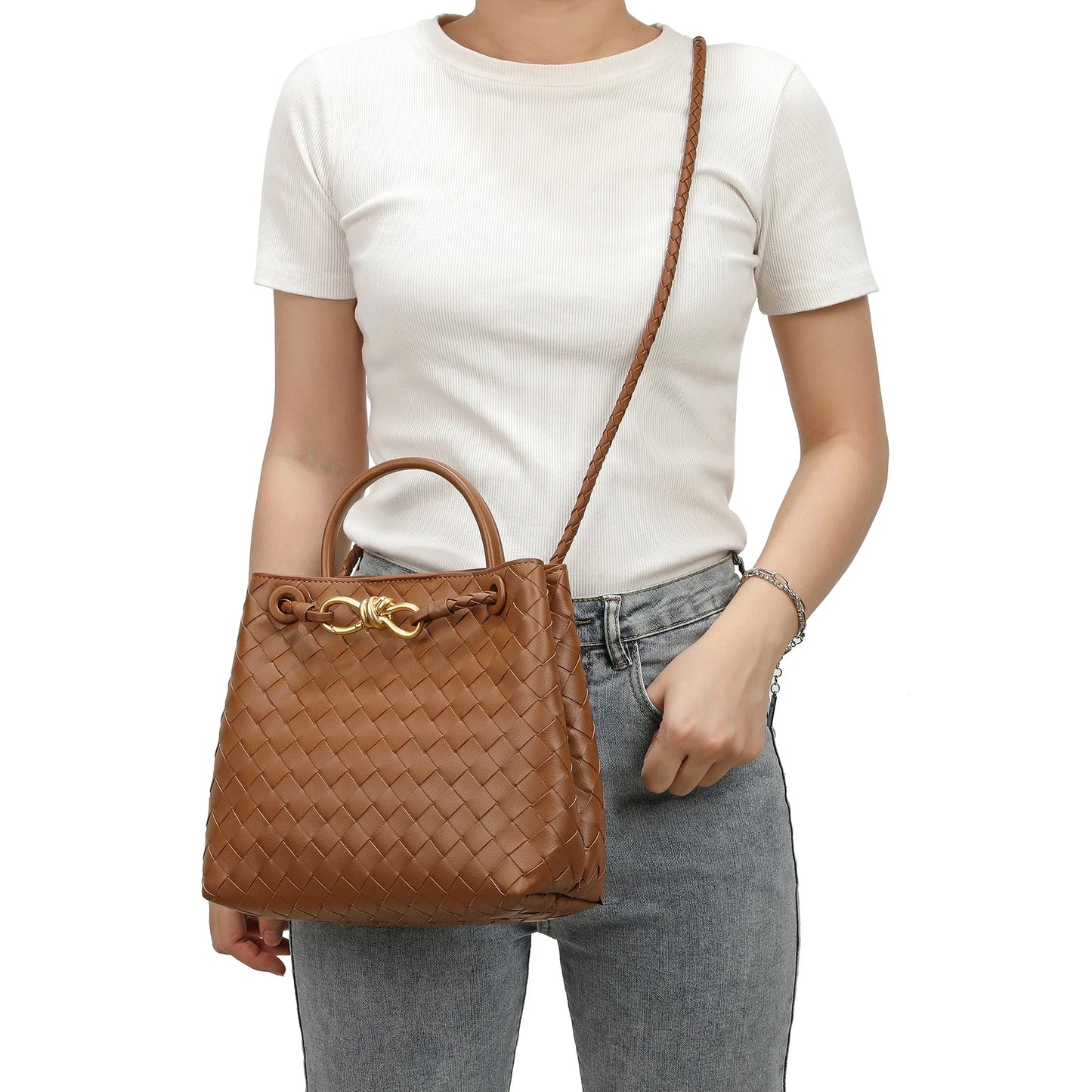 Woven Leather Top Handle Shoulder Bag/TABA