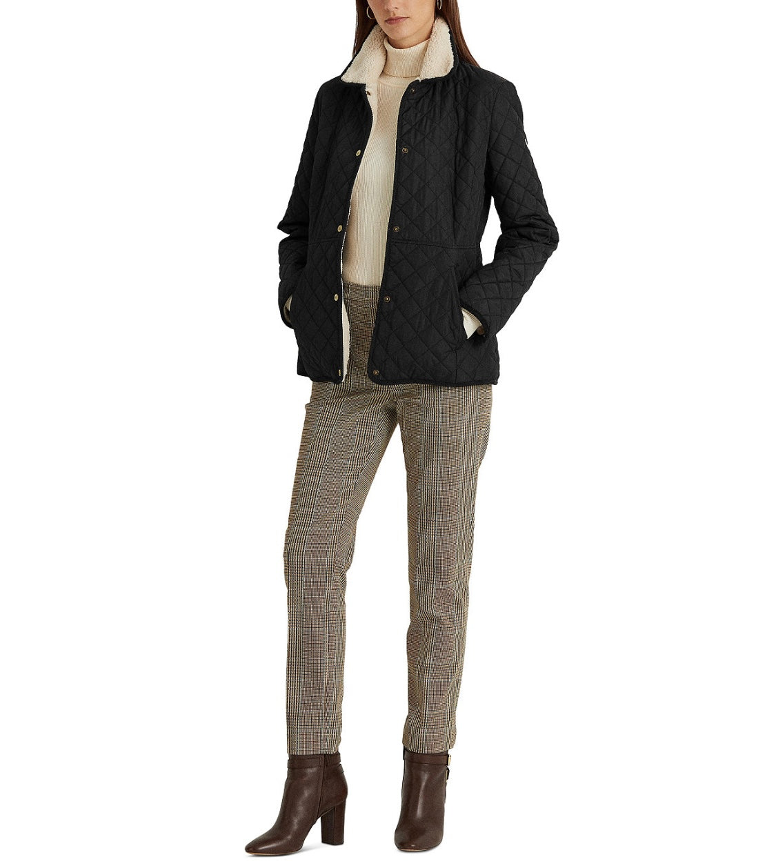 Women's Faux-Sherpa-Collar Quilted Coat/BLACK