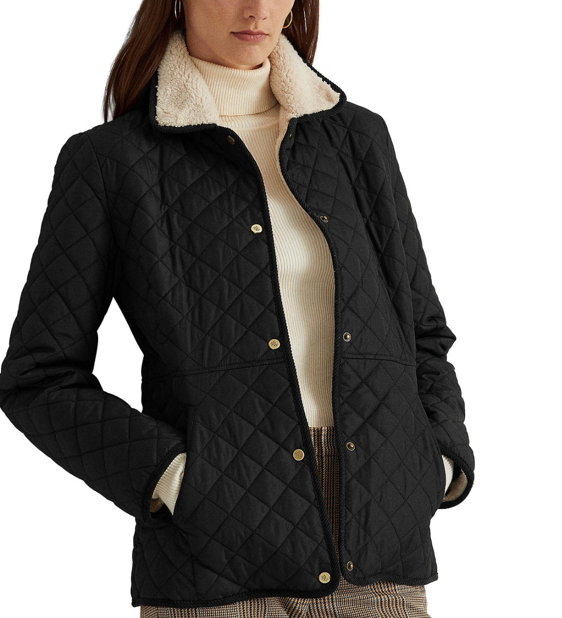 Women's Faux-Sherpa-Collar Quilted Coat/BLACK