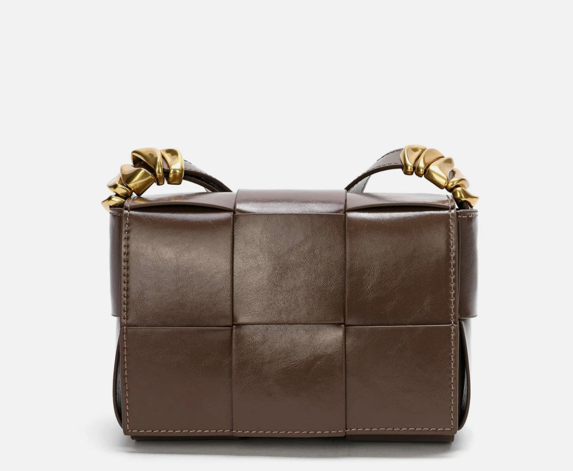 Woven Leather Crossbody Bag/dark brown
