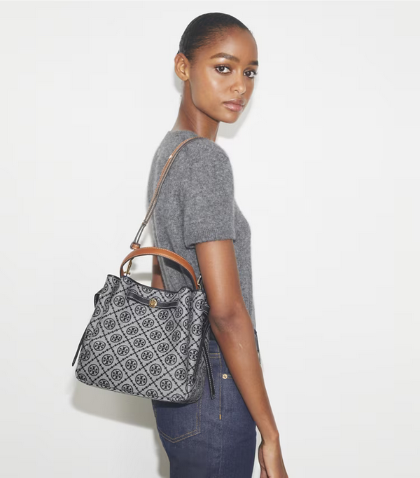 TORY BURCH ROMY T MONOGRAM BUCKET BAG