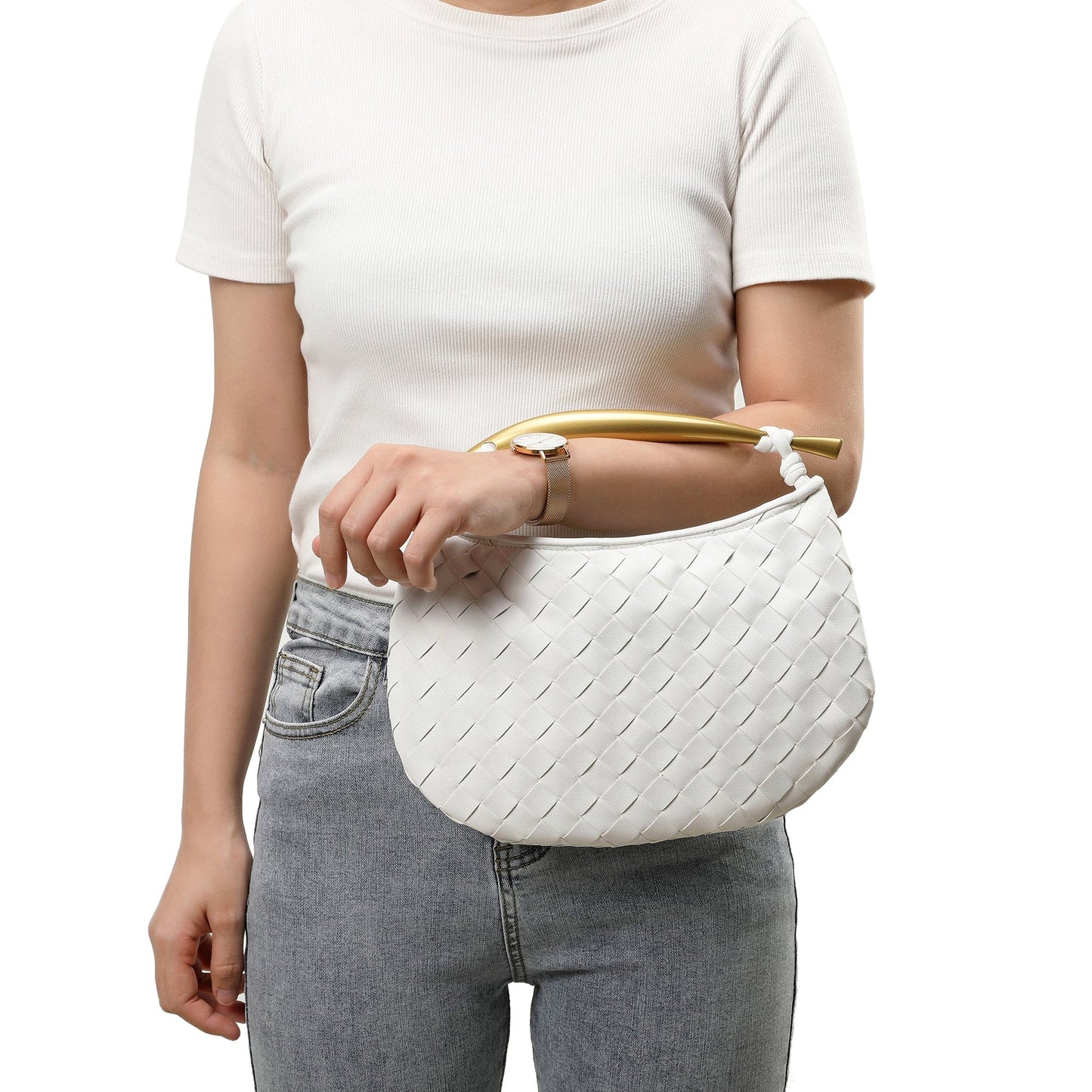 Woven Leather Top Handle Clutch