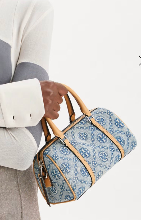 T MONOGRAM DENIM PETITE BARREL BAG