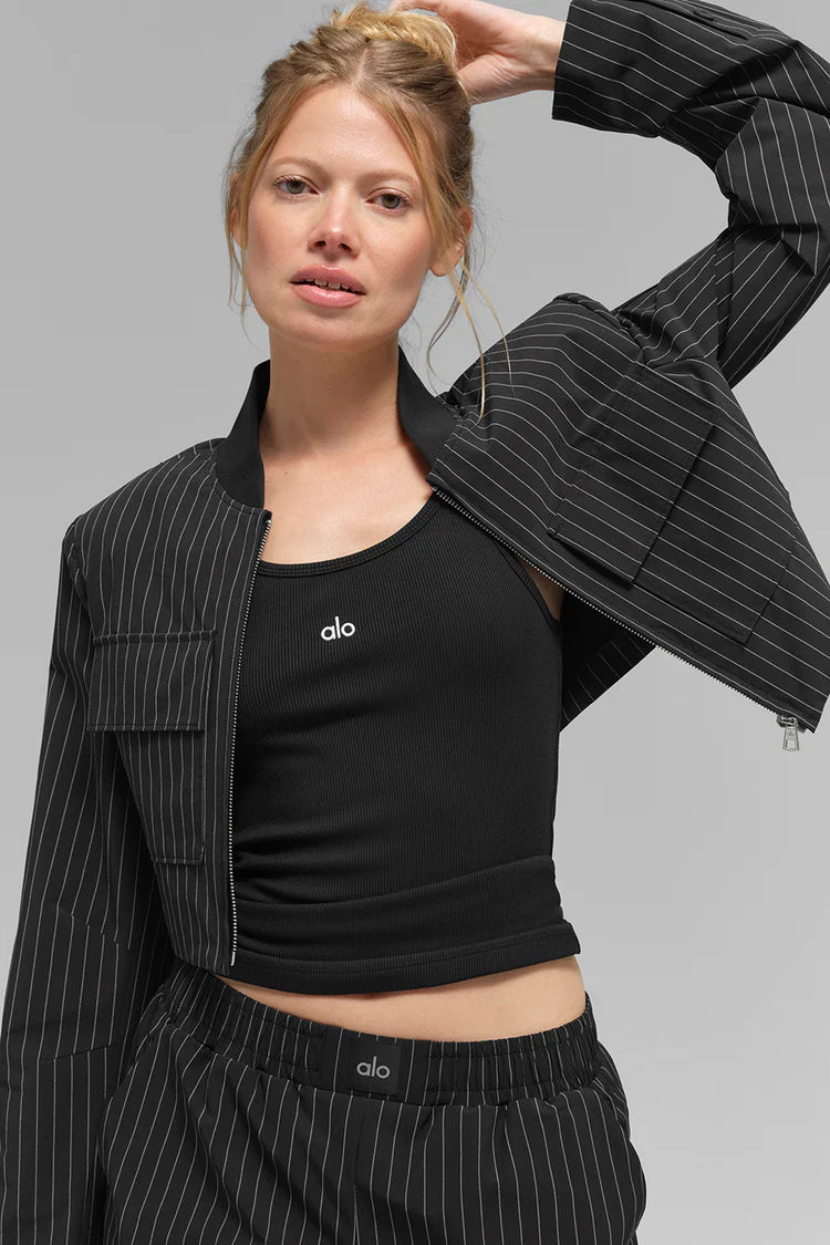 ALO YOGA Cropped Pinstripe Main Character Full Zip Jacket